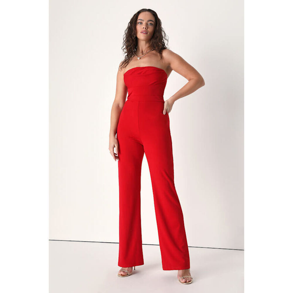 Lulus Exquisite Essence Red Strapless Straight Leg Jumpsuit - Size M